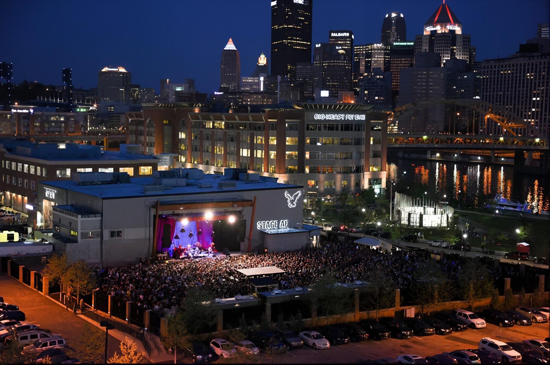 Stage AE outdoor show with the Pittsburgh skyline behind